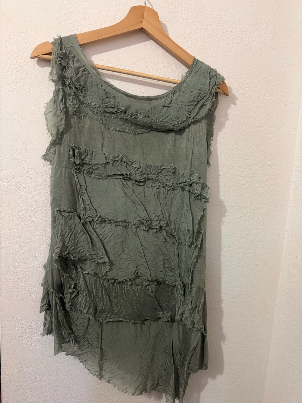Meo Meli Layered Ruffle Sleeveless Italian Silk Tunic - Sage Green - Picture 6 of 7